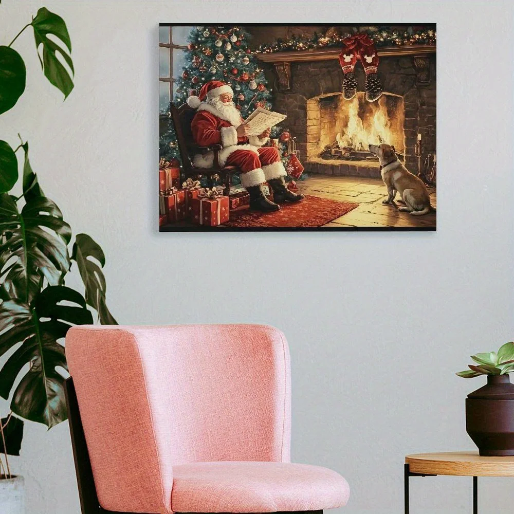 Peinture sur toile rustique du Père Noël, chien mignon avec cadeaux, décoration de Noël vintage, livraison de vacances, cheminée, 1PC