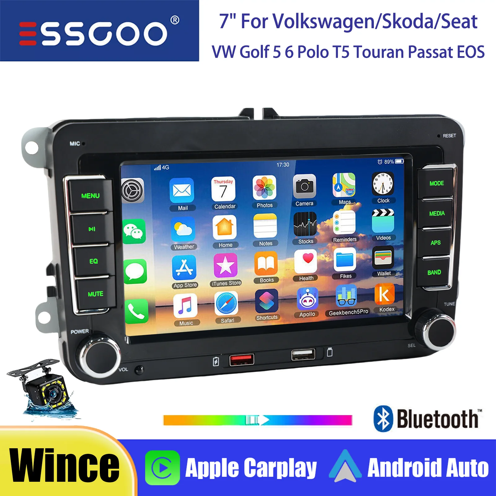 ESSGOO 7 inch Wince autoradio draadloze Carplay Android Auto voor VW Golf 5 6 Polo T5 Touran Passat Seat Skoda BT USB AM Mirror Link