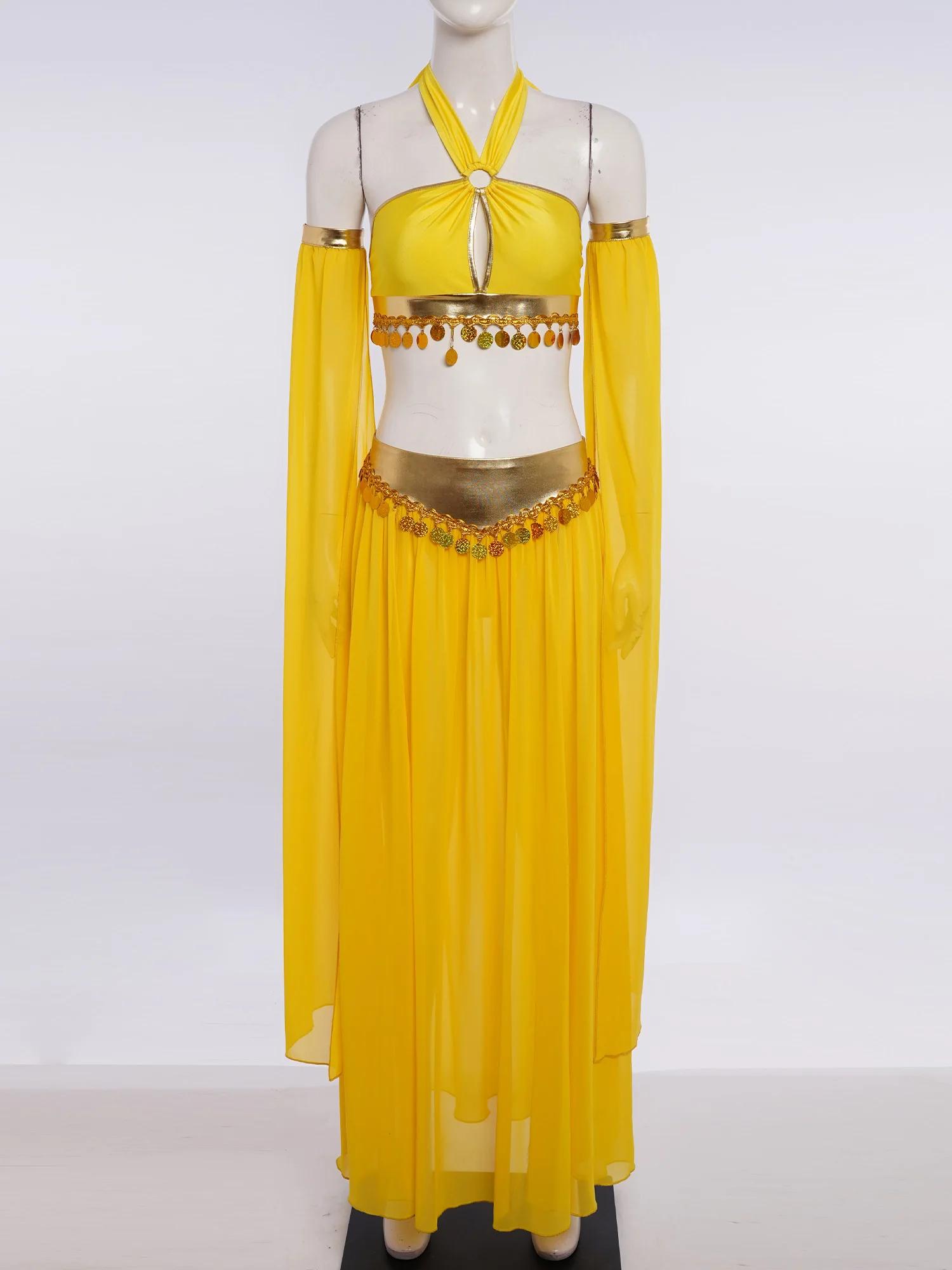 

Women Belly Dance Outfits Arab Cosplay Costume Transparency Sequins Hem Dress Self-Tie Halter for Belly Dance Stage Performance