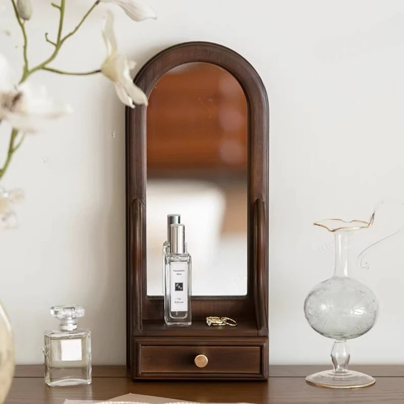 Vintage Wall Mirror Multifunctional Desktop Vanity Mirror Solid Wood Jewelry Organizer Display Shelf Bedroom Decorative Storage