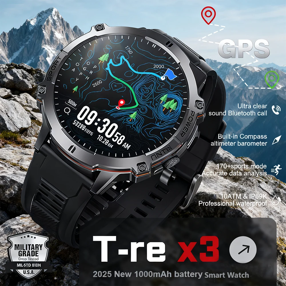 2025 New Military Sports Smart Watch Men Outdoor GPS Compass Built-in Dual-Band GNSS Altimeter 10ATM Bluetooth Call Capability