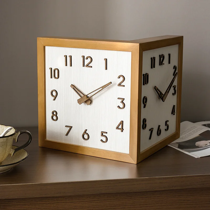 Double-Face Wooden Corner Wall Clock Vintage Style Living Room Rustic Decorative Wall Clocks square clock (23*23cm)