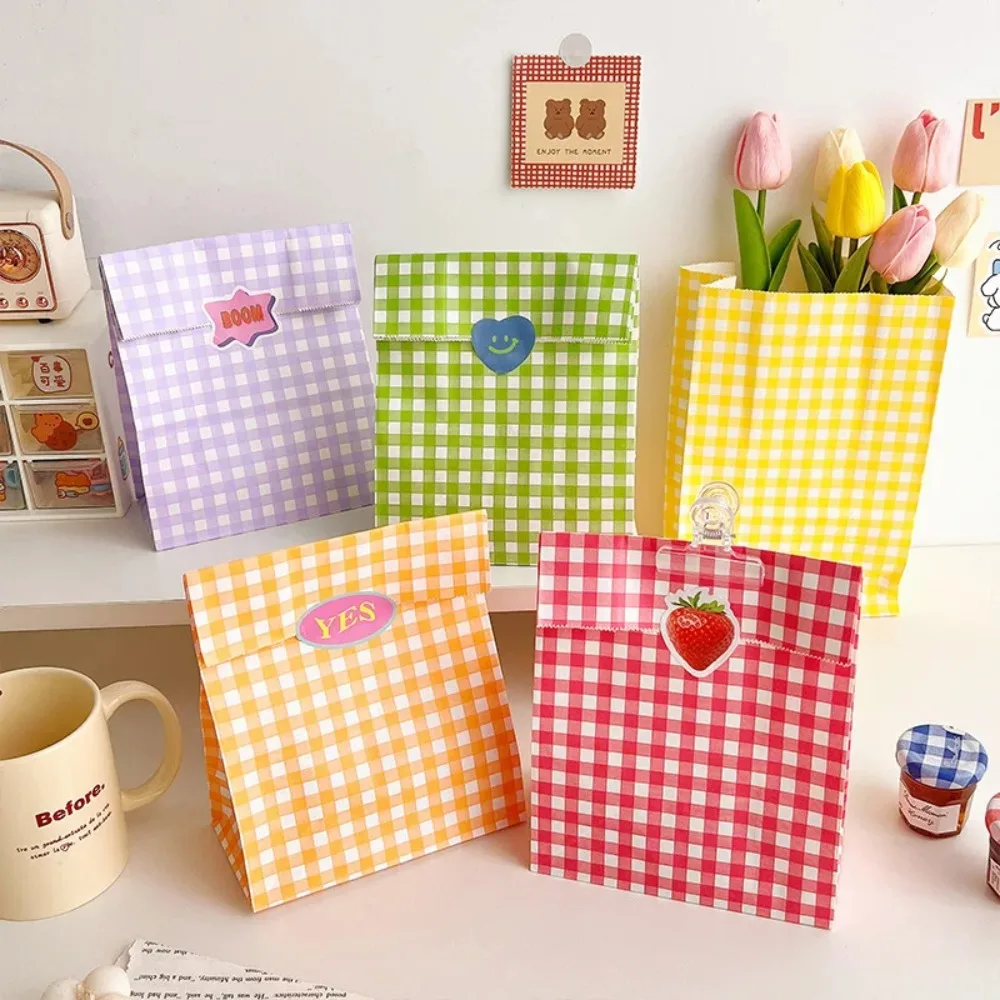 5/10PCS Colorful Plaid Kraft Paper Bag Candy Biscuit Snack Flower Packaging Vertical Storage Bag Wedding Birthday Party Gift