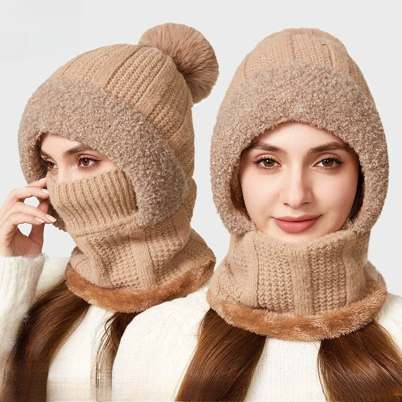 One-piece Knitted Hat Women's Autumn and Winter Thickened Hat Scarf Mask One-piece Wool Hat Cycling Windproof Warm Hat