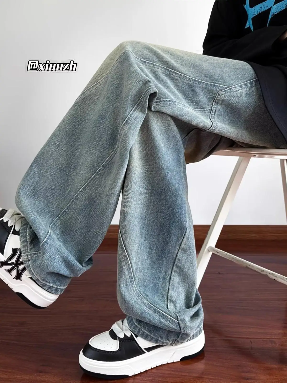 

Retro American Spliced Men's Jeans Autumn Trendy Brand Large Pocket Design Loose Straight Wide Leg Long Trousers