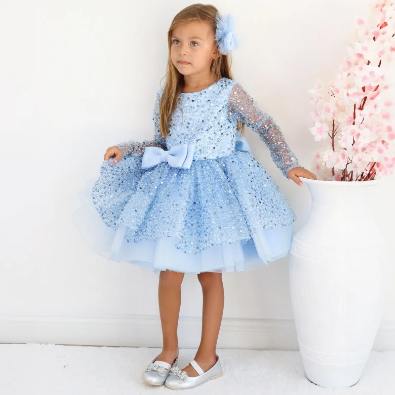 Blue Flower Girl Dresses Tulle Sequin With Bow Long Sleeve For Wedding Birthday Party Banquet Princess Gowns