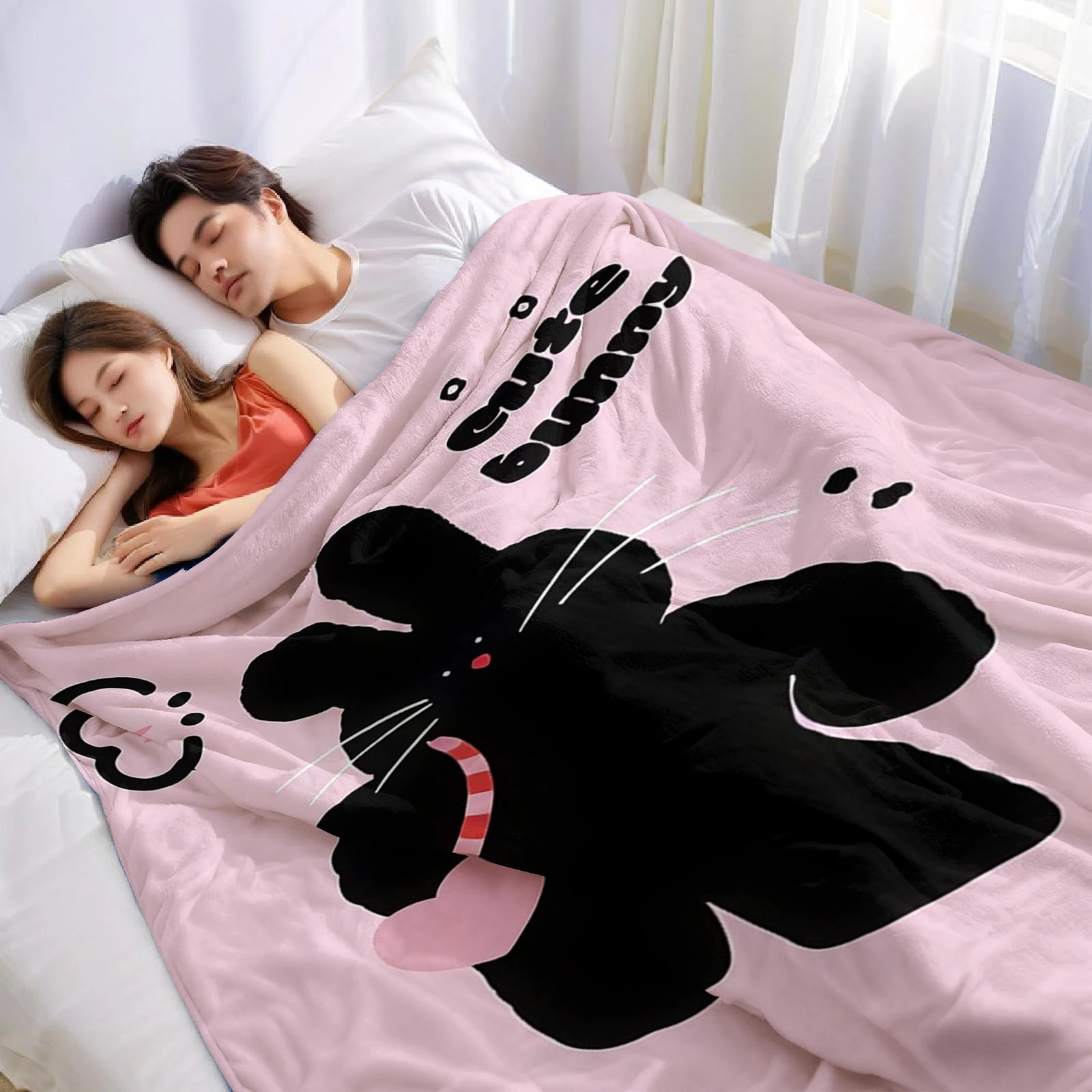 Black Bunny on Pink Lightweight Microfiber Flannel Blanket Soft Warm Cozy Throw All Season for Bed Sofa Office Travel Gift