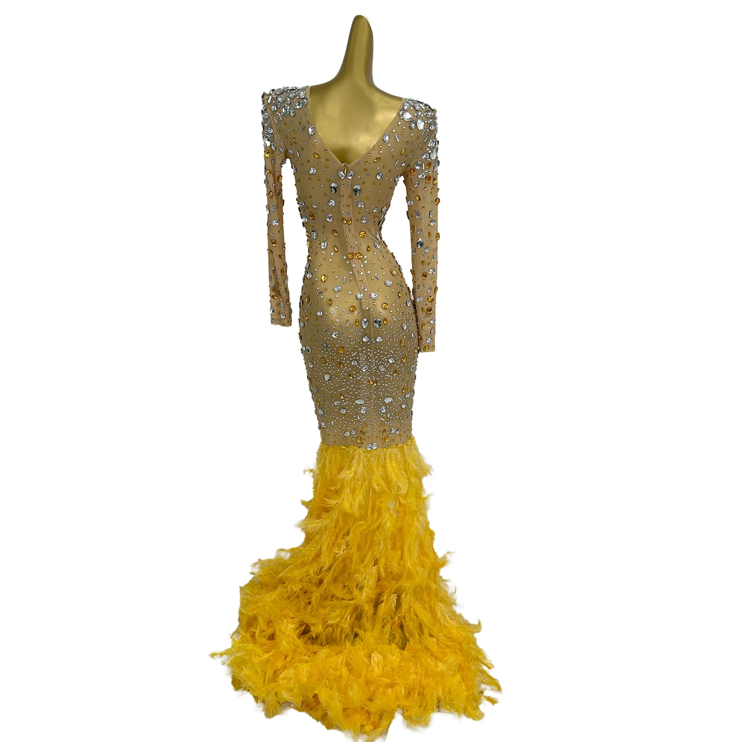 Vestidos lujosos de plumas largas de malla con cristales dorados para mujer, vestidos de fiesta de noche para celebración de cumpleaños, ropa de escenario para cantante Baijinyumao