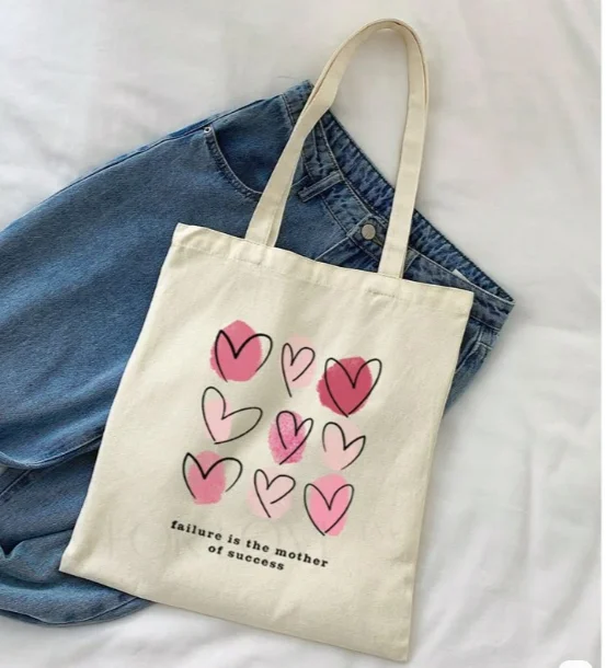 

new Beige Canvas Tote Bag Pink Hearts Failure Is The Mother Of Success Print Reusable Shoulder Bag Casual Eco-friendly Tote