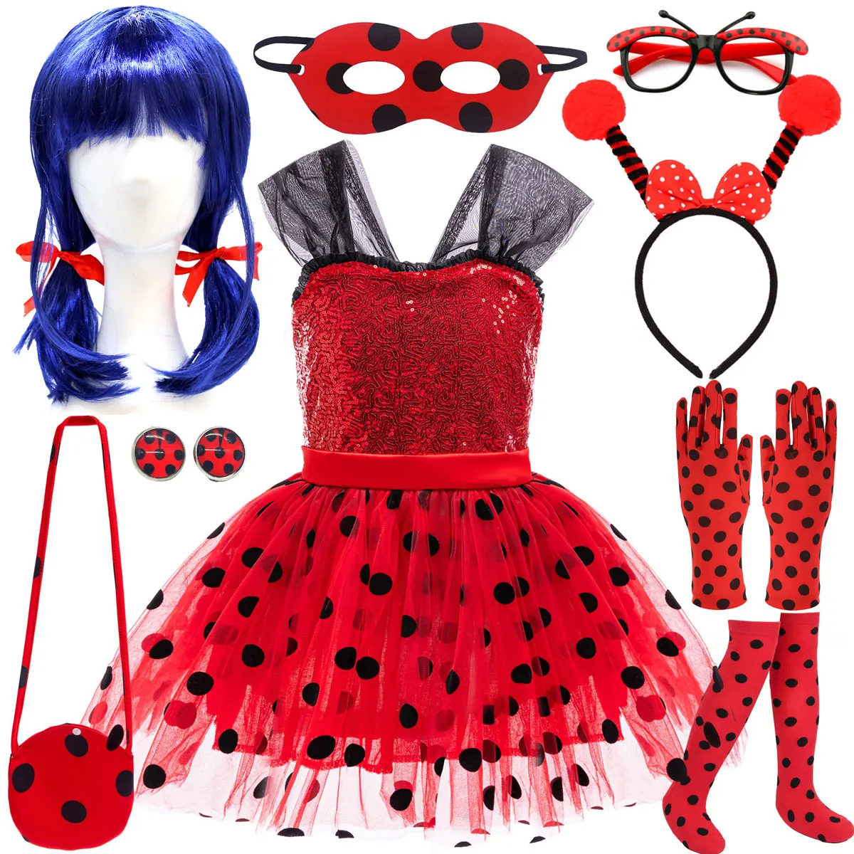 2026 Girls Ladybug Red Costume Set with Wig Mask Dress Bag Gloves Socks Kids Halloween Cosplay Party Fancy Dress Outfit 3-10T