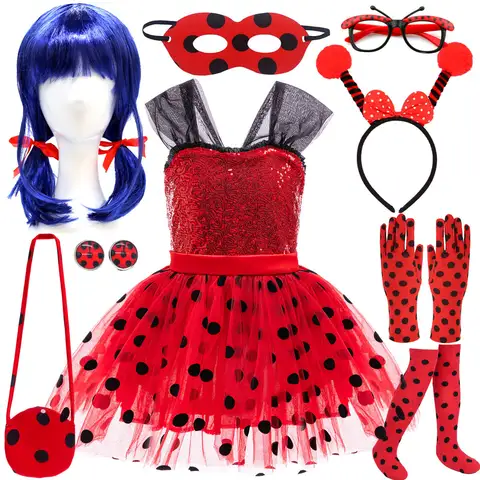 2026 Girls Ladybug Red Costume Set with Wig Mask Dress Bag Gloves Socks Kids Halloween Cosplay Party Fancy Dress Outfit 3-10T
