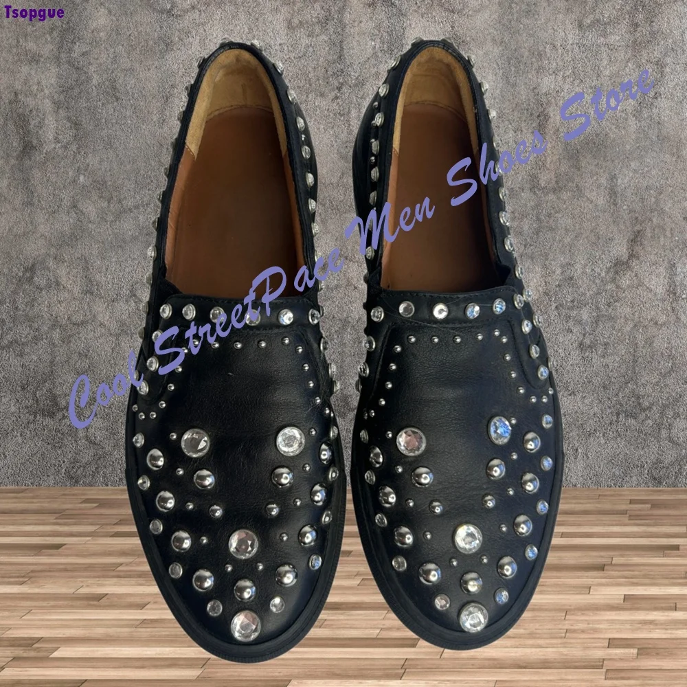Fashion Crystal Rhinestone Slip On Shoes for Men Black Leather Round Toe Loafers Platform Casual Street Trendy Party Daily Flat