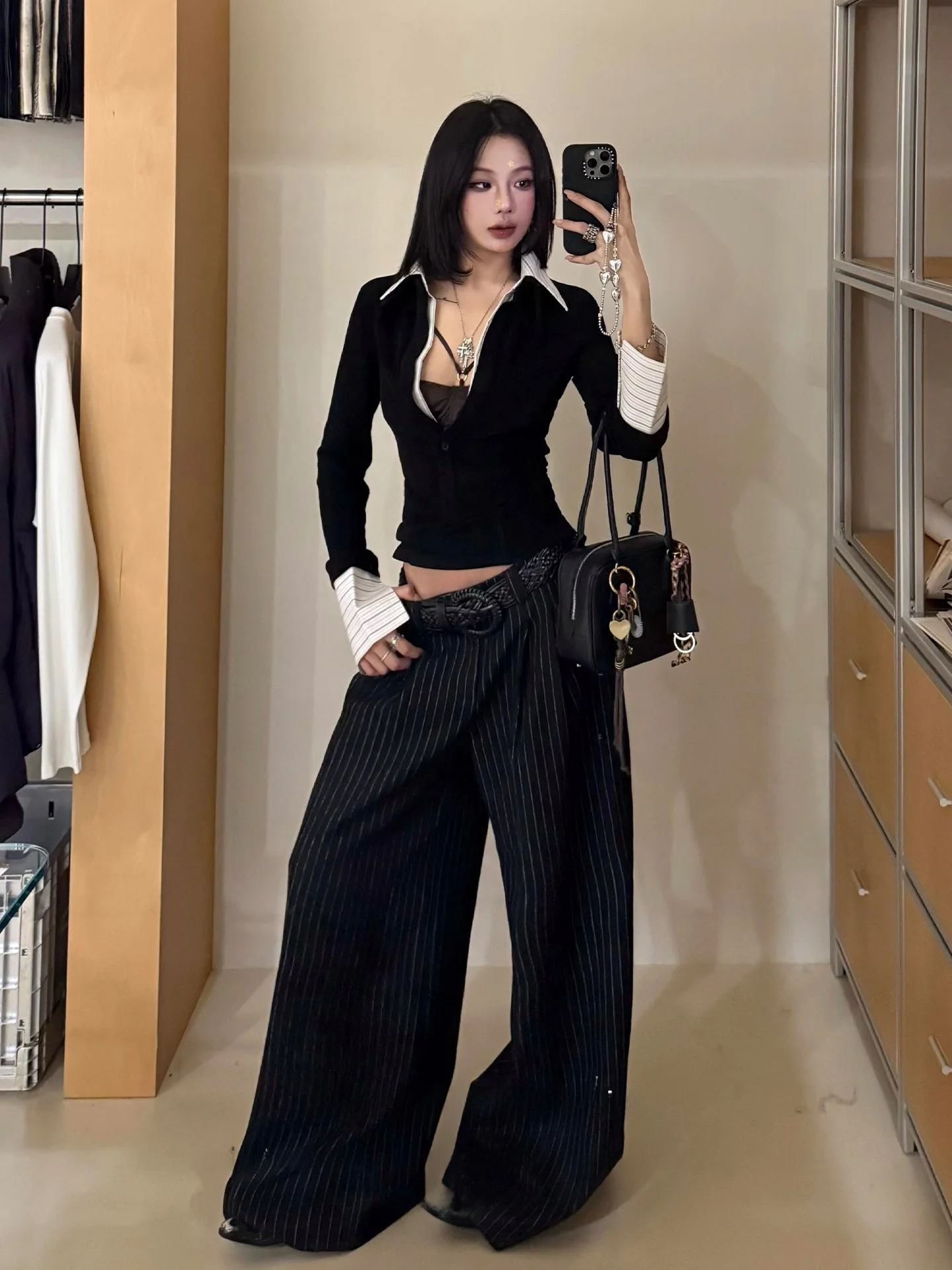 

Ele Drapey Suit Pants Women's Spring Bla Stripe Wide Leg Pants Straight Floor-Length Casual Long Pants Comfortable Brea...