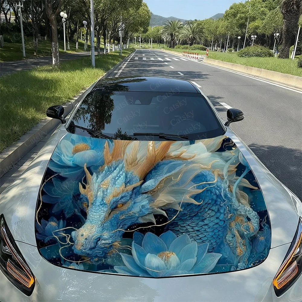 Dragon Lotus Car Hood Sticker PVC Self Waterproof Stick, Striking Auto Exterior Accessories Decor Protect Gift for Car Lover