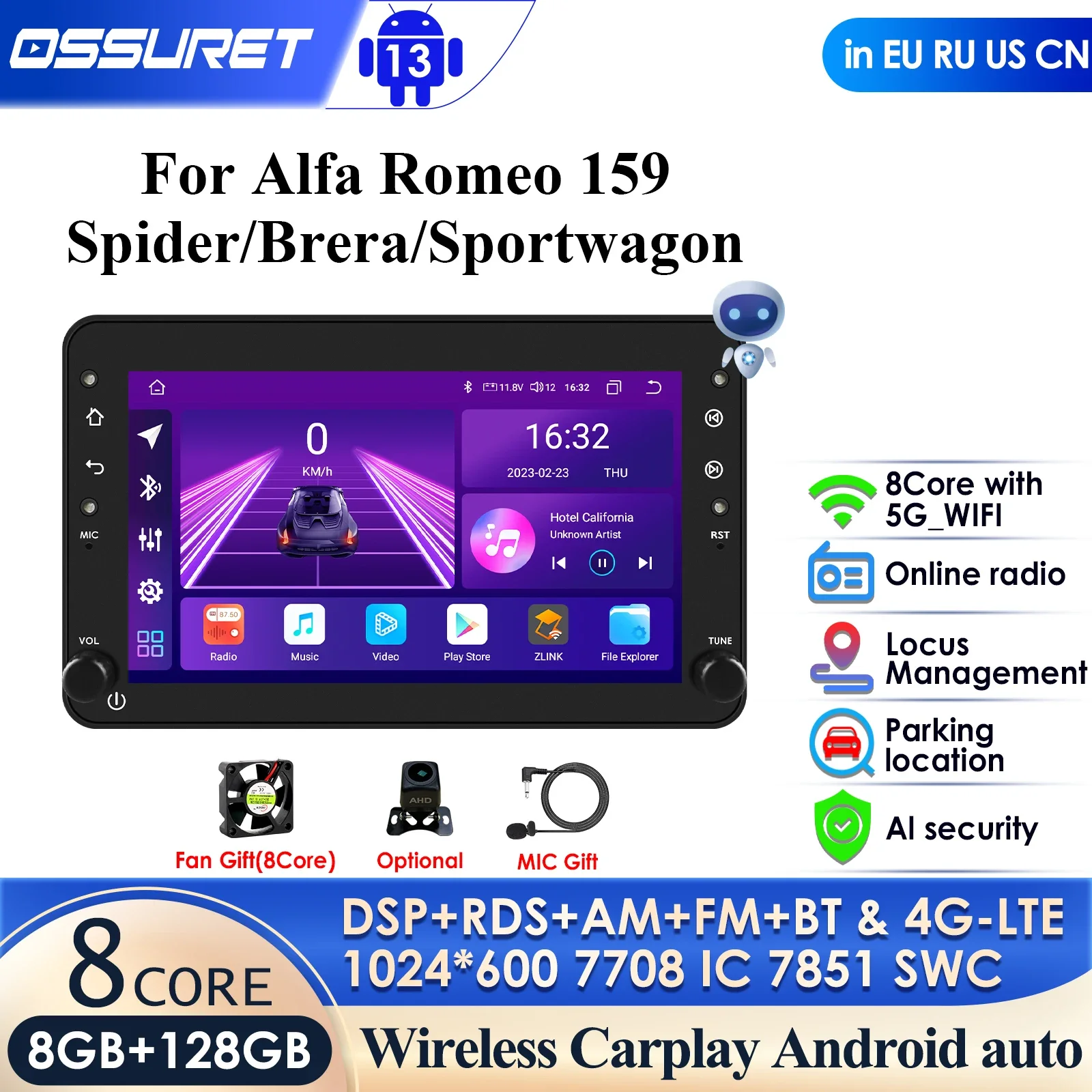 8G+128G Car Radio for Alfa Romeo Brera Spider 159 Sportwagon Wireless CarPlay Android Auto Car Intelligent Systems AI 2Din Video