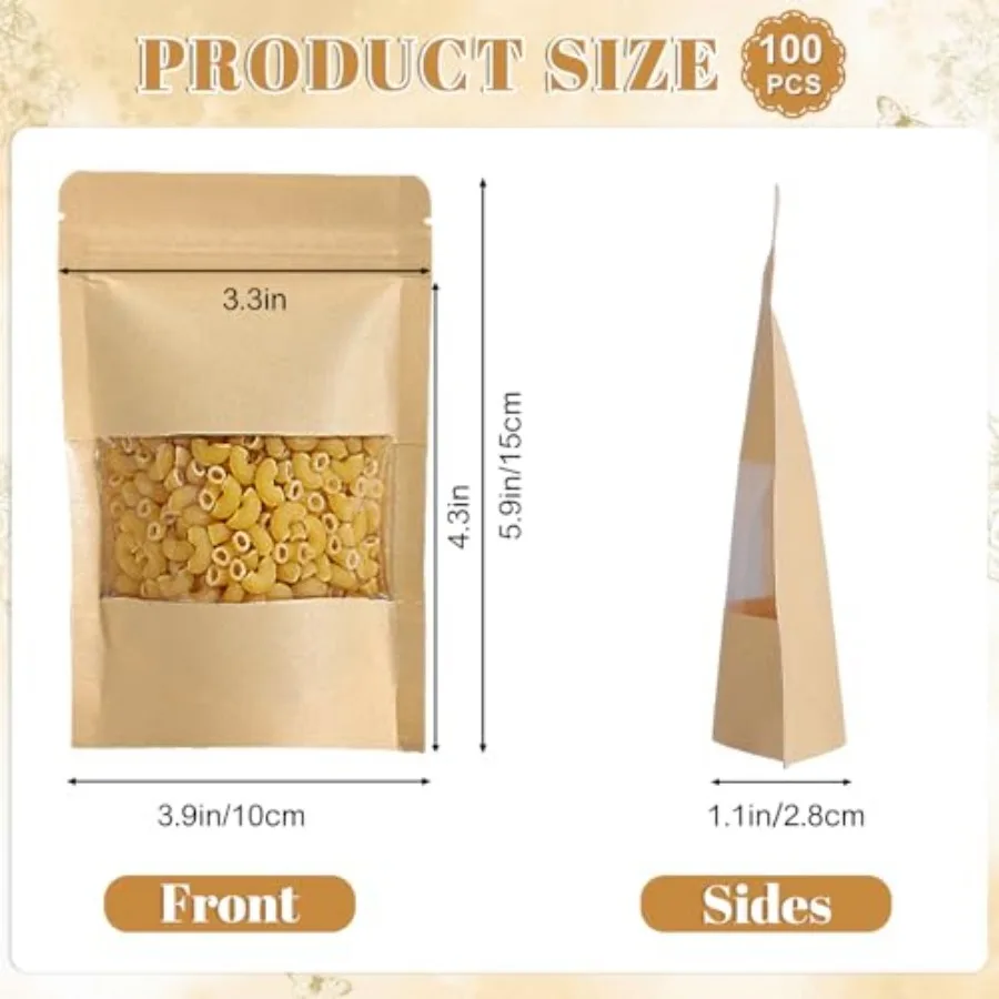 100 Pcs Kraft Stand Up Pouches With Window, Resealable, 4 x 6 In Cpp-Lined Paper, Heat Sealable, Moisture Resistant, Tear Notch