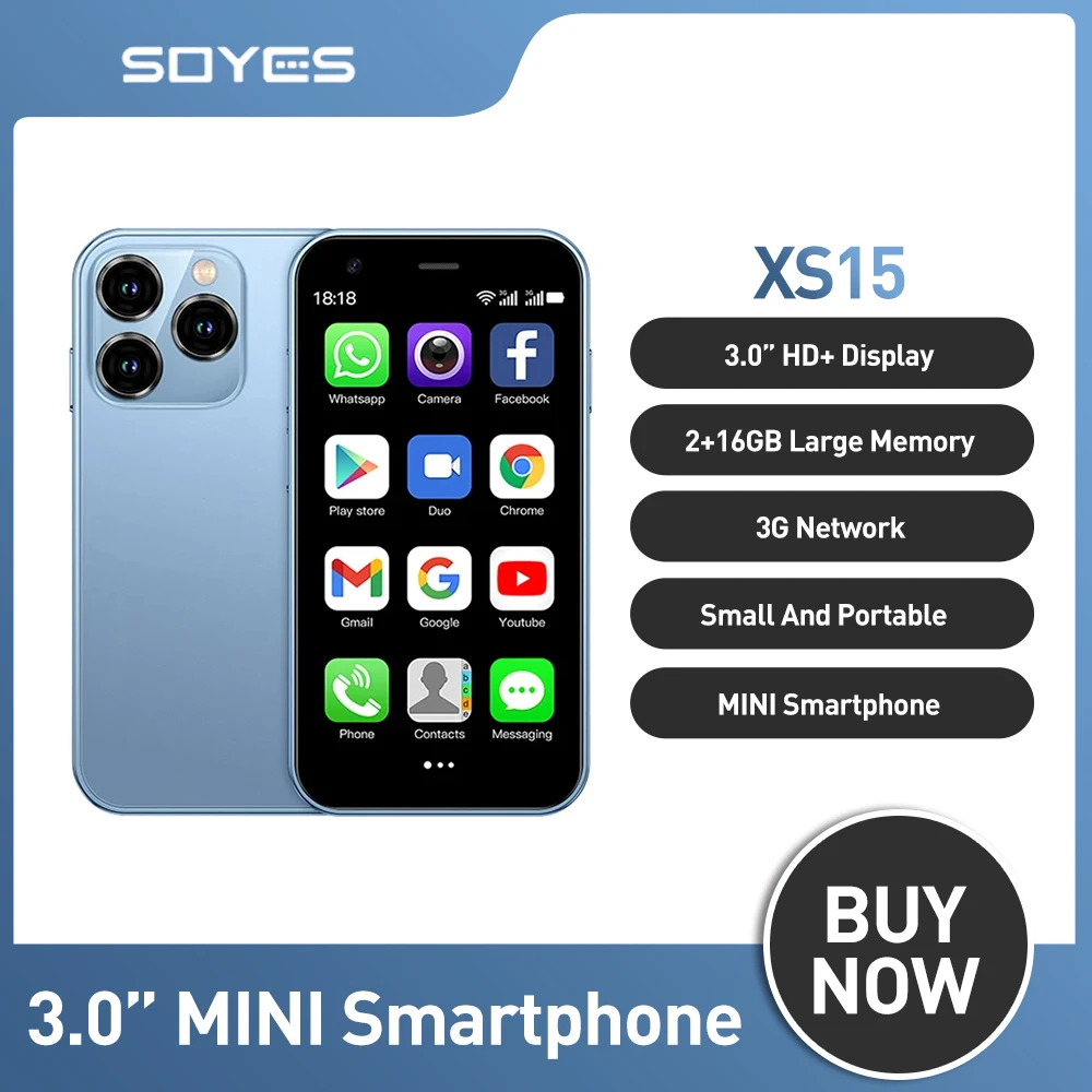 SOYES XS15 Ultra-mince 3.0 pouces petit téléphone 2GB + 16GB Android 8.1 double SIM veille 3G Mini Smartphone 1000mAh Wifi GPS téléphone portable