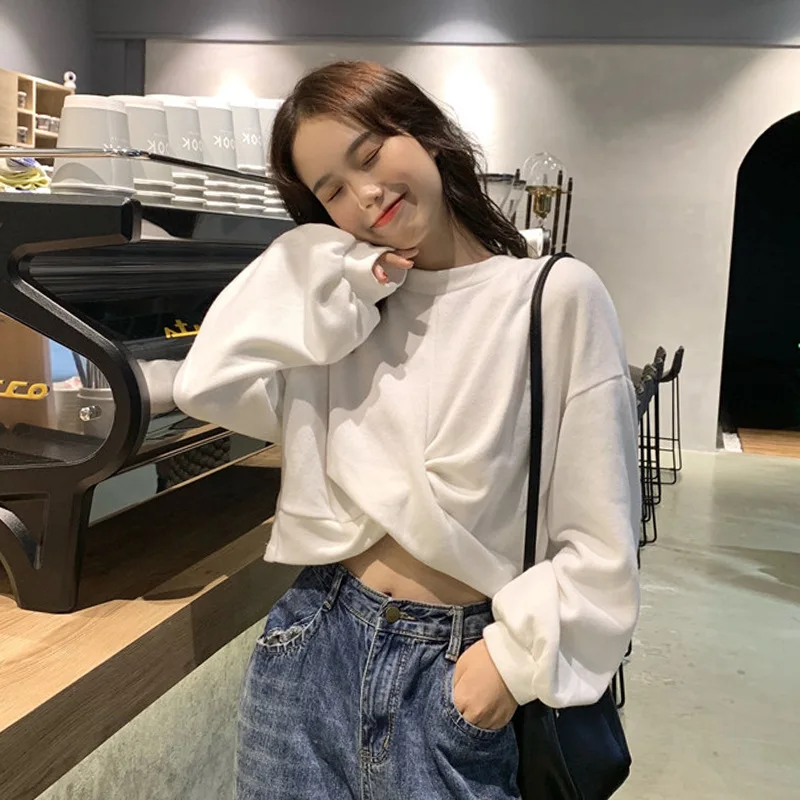 

Весна-Осень 2025: Новая модель женского свободного укороченного свитшота с рукавами-фонариками, простой корейский стиль, модный топ