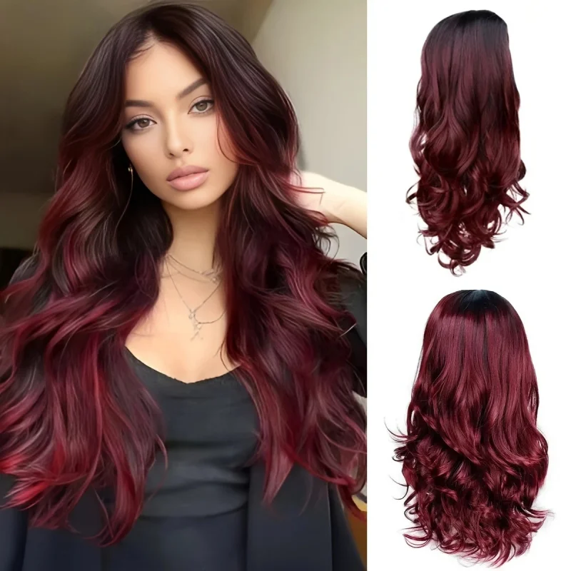

Synthetic , fashionable long wavy hair, black to red gradient, high-temperature fiber wig