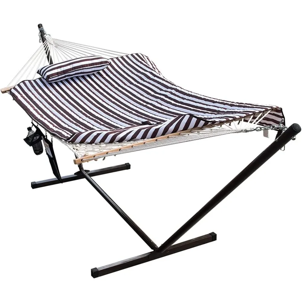 

Double Hammock with 12 ft Steel Stand,2 Person Hammock with Quilted Pad,Detachable Pillow,Mag Bag&Cup Holder,Brown/White Stripes