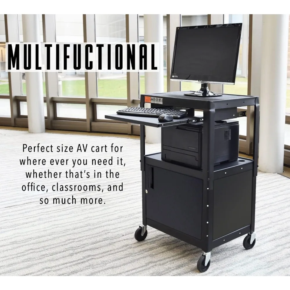 AV Cart with Locking Cabinet, Adjustable Height,  Steel Frame, Black.