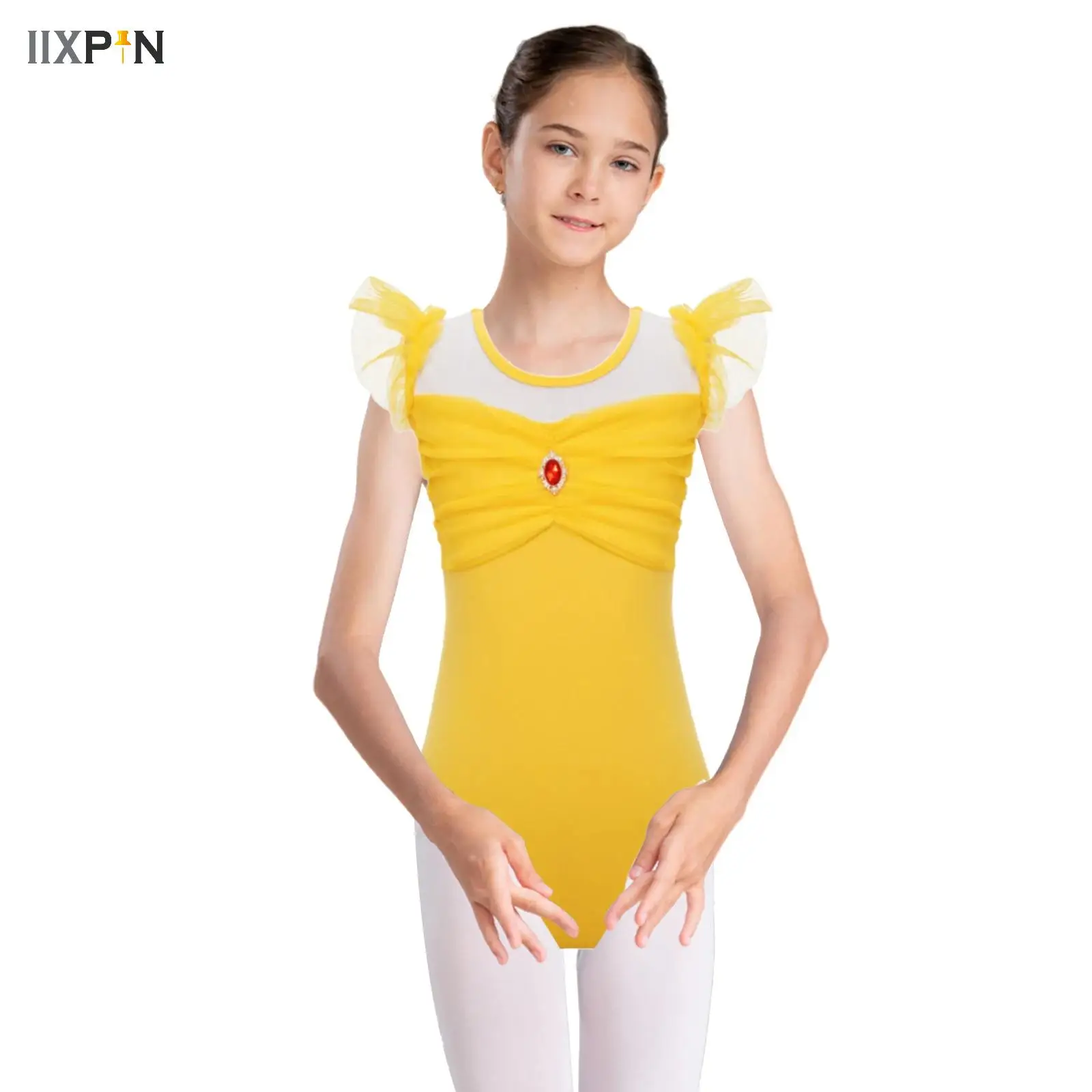 

Kids Girls Ballet Leotard Cotton Ruffle Sleeve Ruched Mesh Patchwork Bodysuit for Ballerina Dance Rhythmic Gymnastics Dancewear