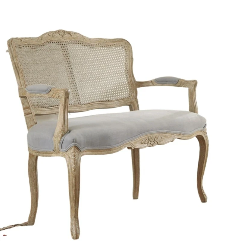 

American French country rattan art solid wood carving flower living room white old three sofa combination