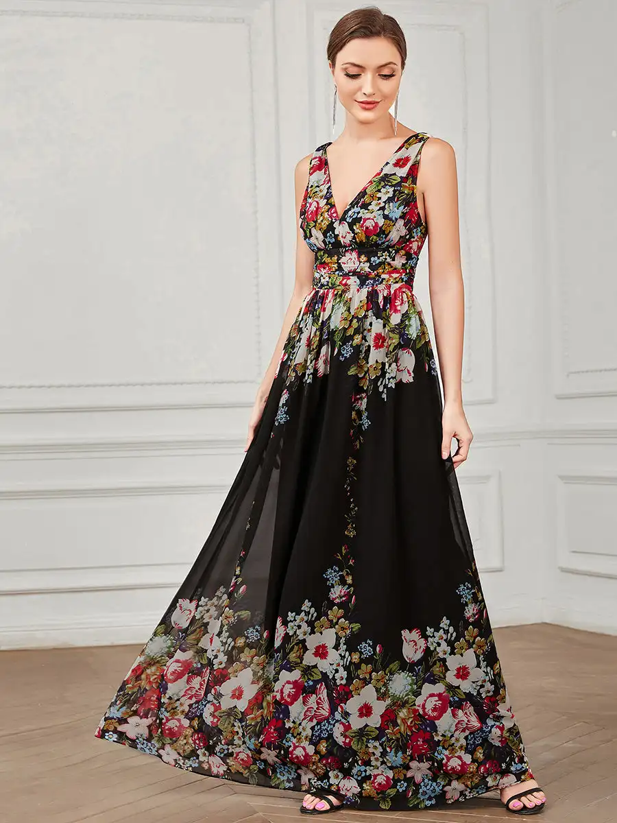 

Elegant Evening Dresses Maxi Long Double V-Neck Hide zipper Floor length 2025 Ever Pretty of Black Printed Bridesmaid dress