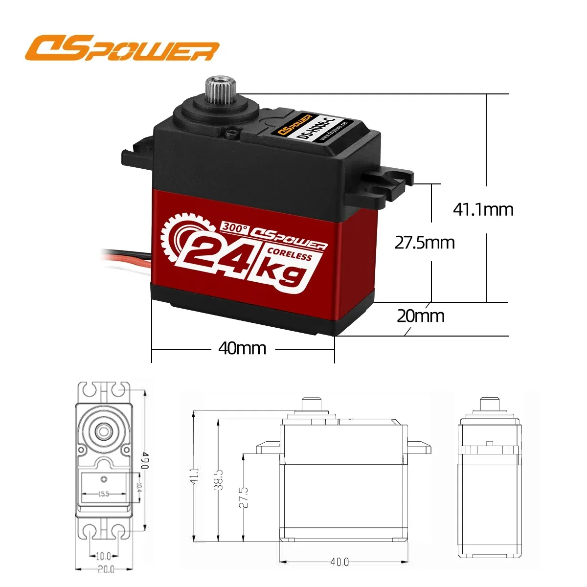 DSPOWER 24kg 180 ° /300 °   Metal Gear Wodoodporny Serwo Cyfrowe Bezrdzeniowe Silnik do Samochodów RC 1/8 1/10, Crawlerów, Robotów, Łodzi, Samolotów, Części do Zabawek