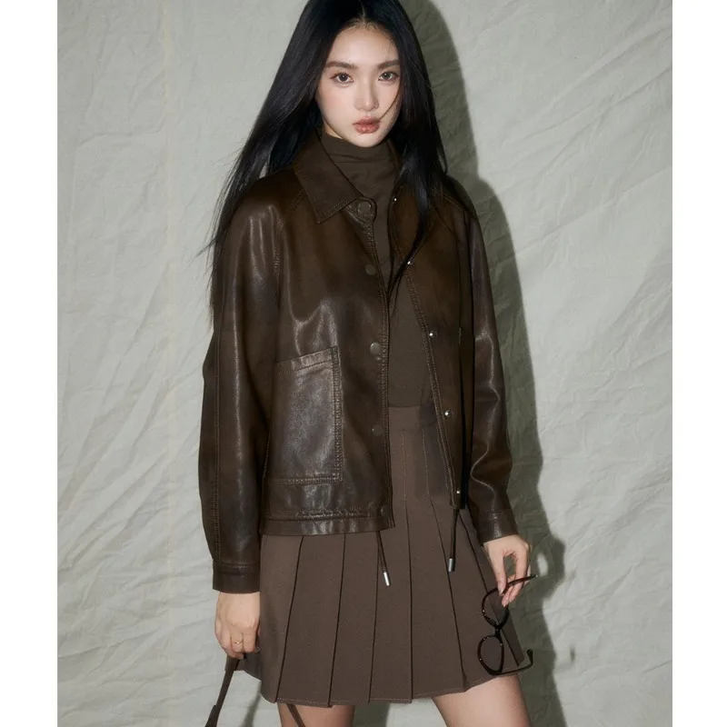 가을 신상 홍콩 스타일 레트로 캐주얼 빈티지 마이야르 스타일 오토바이 다용도 드로스트링 PU 재킷 패셔너블 쿨