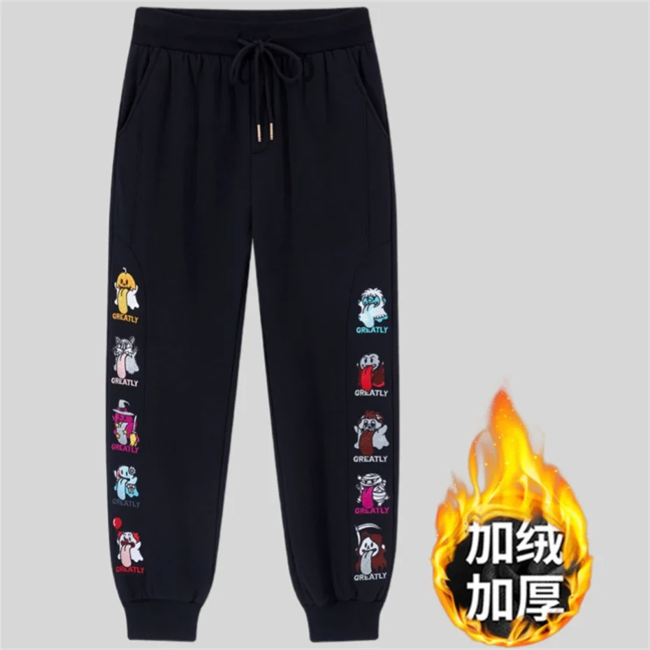 Halloween Joggers Pant Men Winter Fleece Sweatpants Men Hip Hop Streetwear Pumpkin Ghosts Embroidery Beige Trousers Mens Clothes