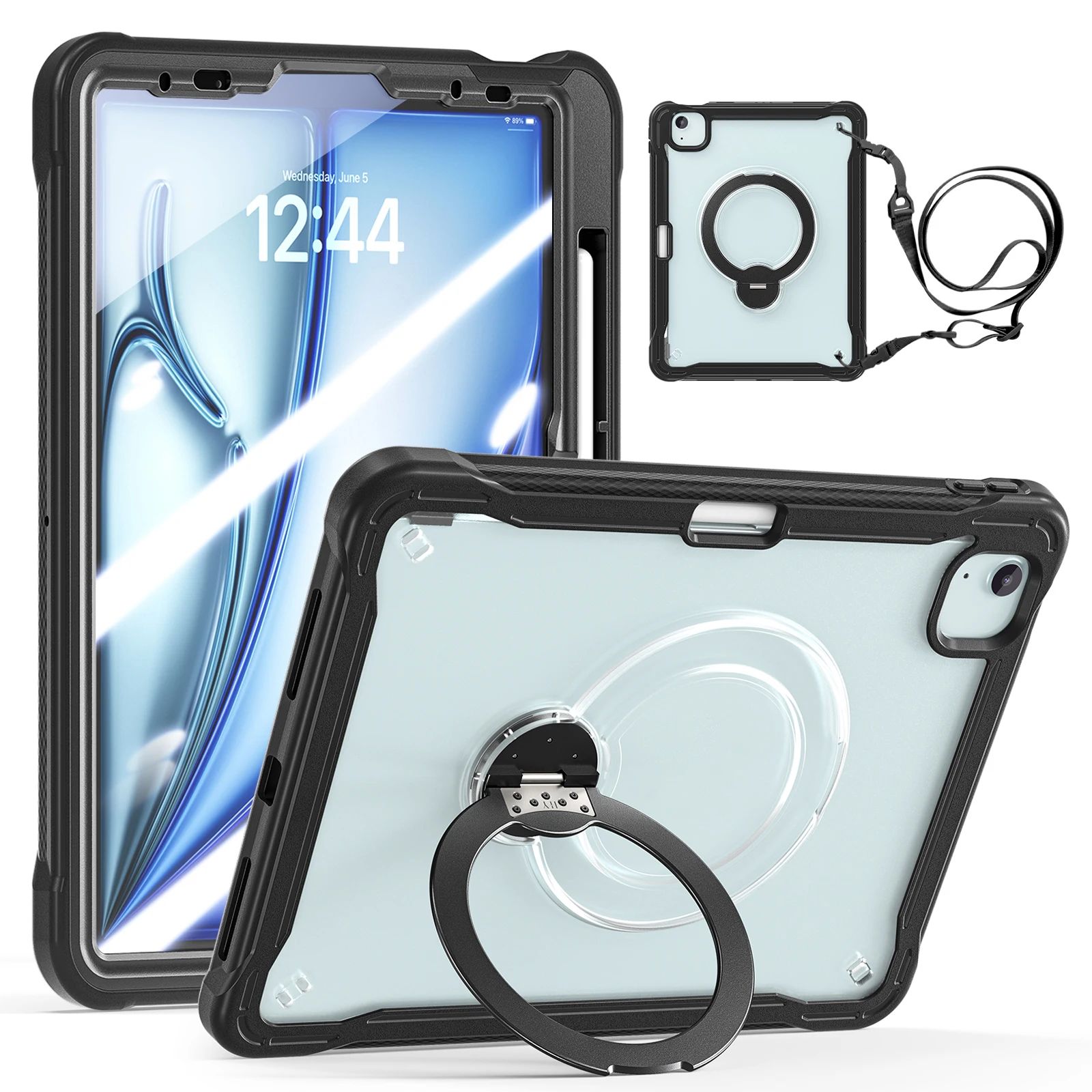 Full Body Protection Stand Case for iPad Air4,Air5,Air11 M2 M3,Pro11 2018-2022 Built In 9H Glass Screen Protector Shoulder Strap