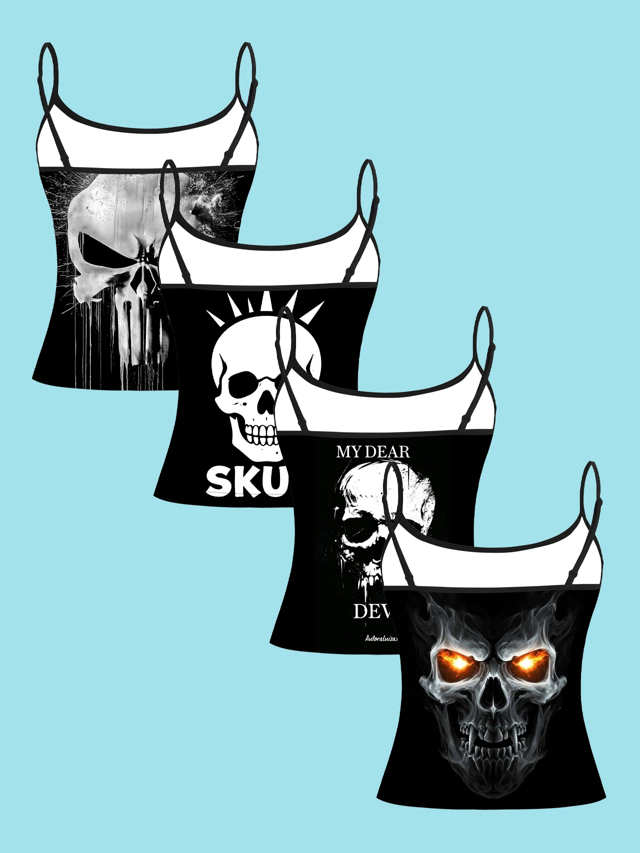 4-Piece Set of Cool Dark-Style Skeleton Women's Camisoles with Flame-Eyed Skeleton, Splatter Text, and Skeleton Print, Slim-Fit Spaghetti Strap Short Camisole Tops