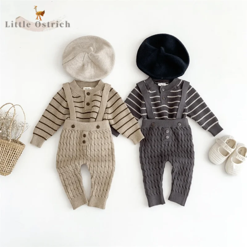 

Newborn Baby Girl Boy Striped Knitted Sweater Suspender Pant Child High Waist Solid Color Trouser Pullover Baby Clothes 3-18M