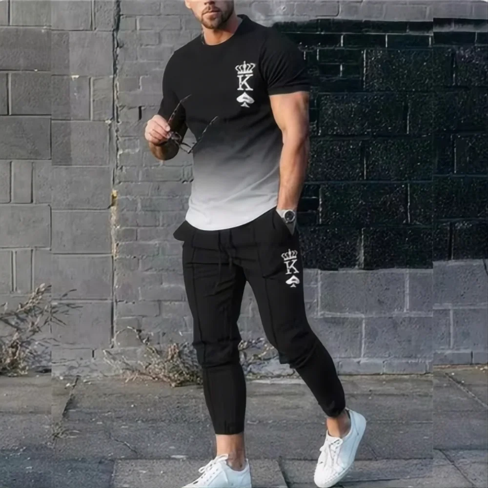 

Мужской спортивный костюм из двух предметов, футболка с коротким рукавом и штаны с 3D-принтом, уличная одежда, лето 2024