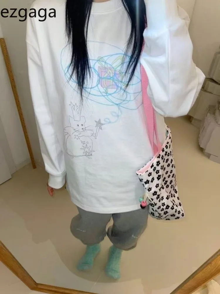 

Ezgaga Women T Shirts Autumn New Fashion Vintage Cartoon Printed Loose Long Sleeve Tops Y2k Harajuku Tops Ladies Casual