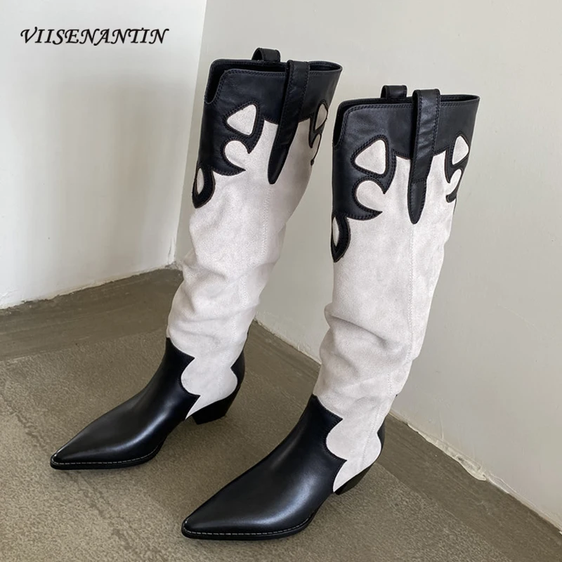 

Fashion Show Women Knee High Boots Pointed Toe Med Heel Patchwork Genuine Leather Female Western Boot Brand Design Cowgirl Boots