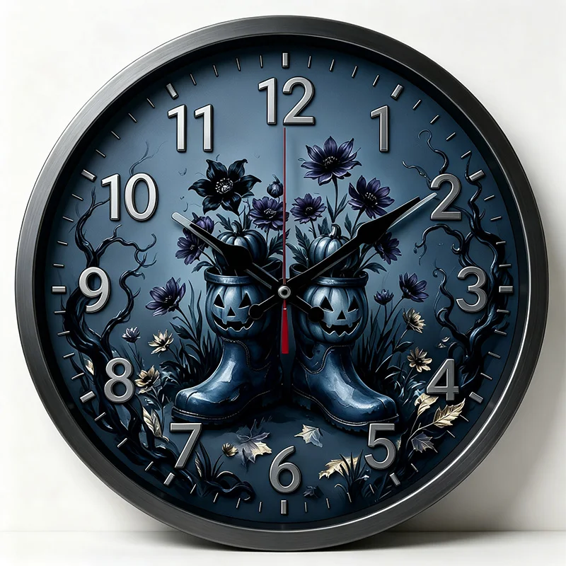 Fall Pumpkin Boots Floral Wall Clock Autumn Harvest Watercolor Print Silent Round Wall Clock Kitchen Living Room Home Decoration