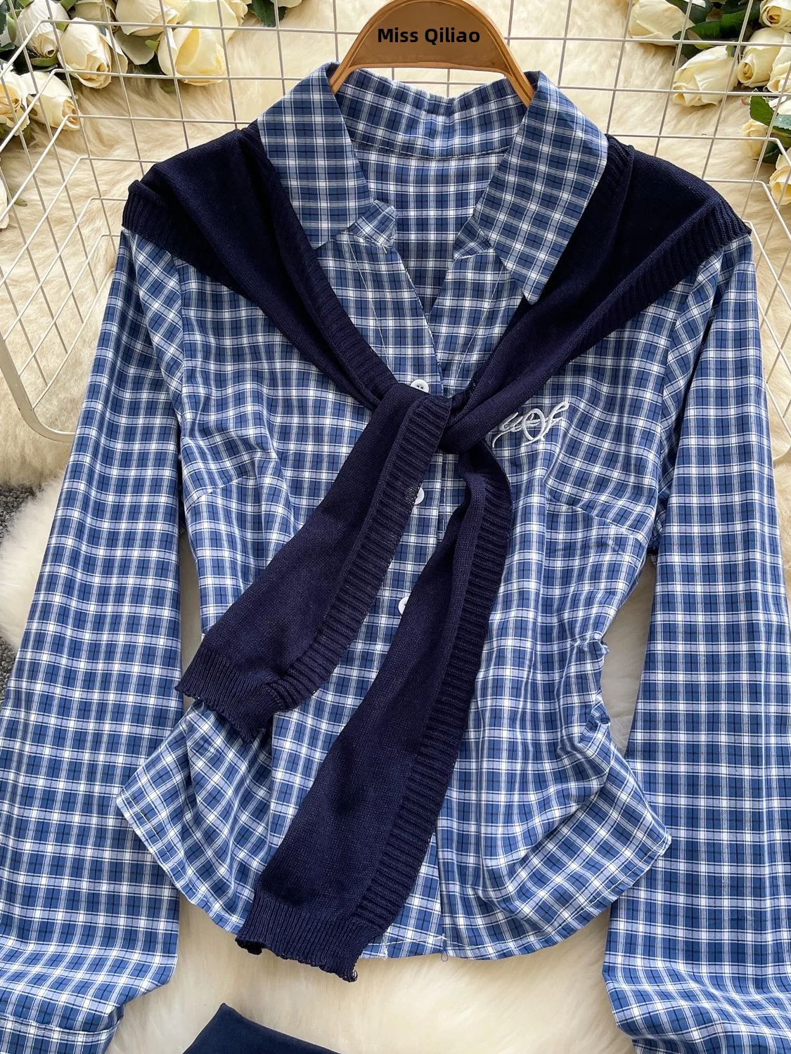 

Vintage Preppy Plaid Long Sve irt Women's Outerwear Knitted awl High Waist Embroidered Skirt Pants Set Autumn Faion