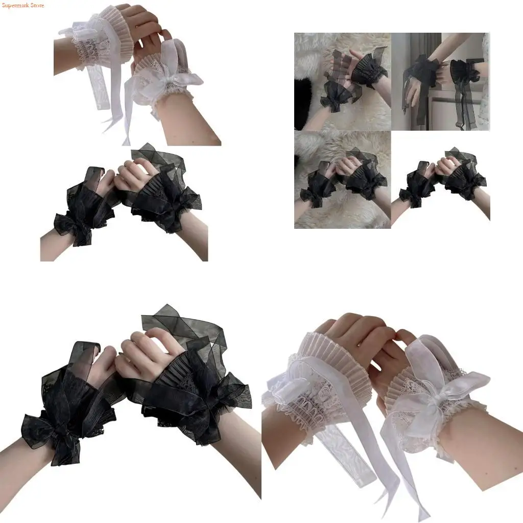 

Q5WE 2PCS Elegant Lace Hand Sleeve Japanese Korean Wrist Cuffs For Cosplay And Photoshoot Comfortable Elastic Design