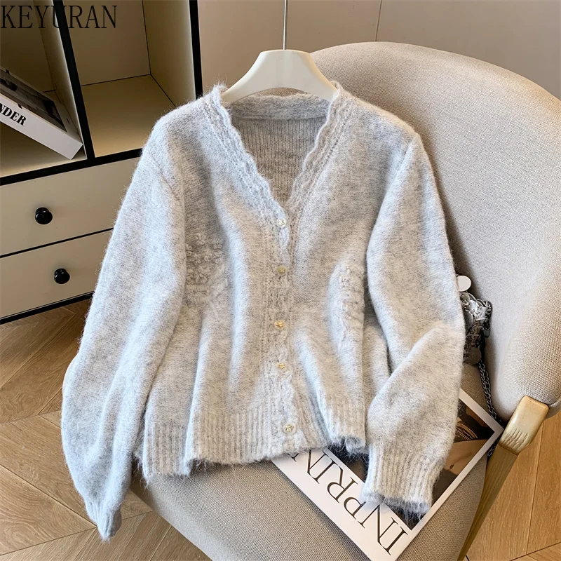 

2025 Autumn Korean Version Crochet Knitted Cardigan Sweater Women's V-neck Long Sleeve Casual Loose Knitwear Tops Jacket Jumpers