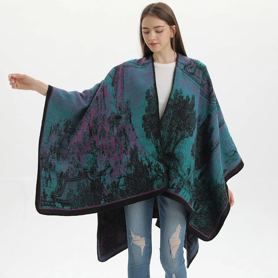 

China Famous Ancient Architecture Landscape Faux Cashmere Poncho Unisex Autumn Winter Cape Coat Thick Shawl Travel Leisure