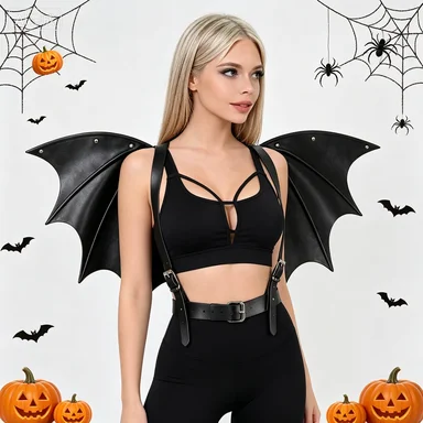 Punk Leder Körperkette Punk Leder Taillenkette Punk Taillengürtel Damen Halloween Fledermausflügel-Gurt, Punk Gothic Leder Verstellbarer Schultergurt, Cosplay Kostüm-Accessoires, Clubwear Outfit, Festival – Detail 2