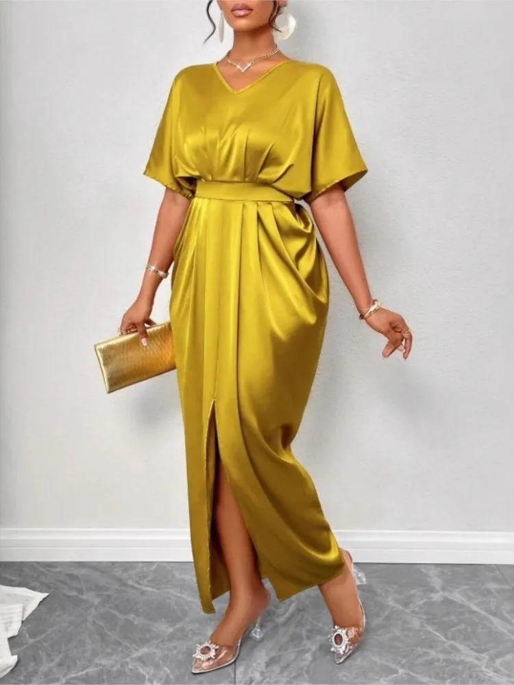 فستان نسائي أنيق من الساتان الصلب مثير بدون ظهر ميدي فستان صيفي بياقة على شكل v وأكمام طويلة فستان نحيف فساتين حفلات الشاطئ غير رسمية #5