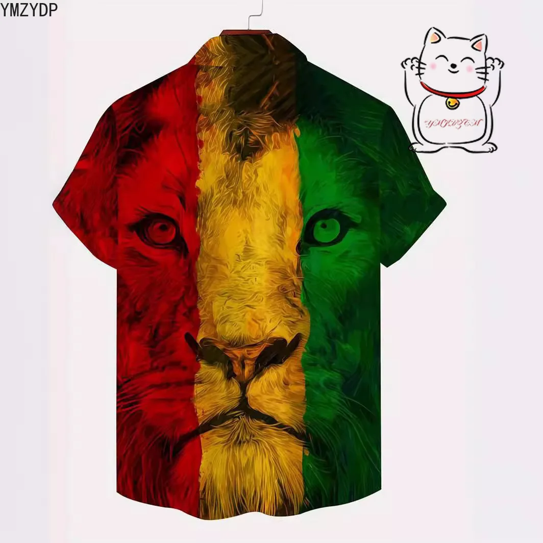 قميص رجالي مطبوع ثلاثي الأبعاد على شكل أسد عصري بأكمام قصيرة ورقبة على شكل حرف V وأزرار لأعلى قميص تنكري ملابس تنكرية عالمية