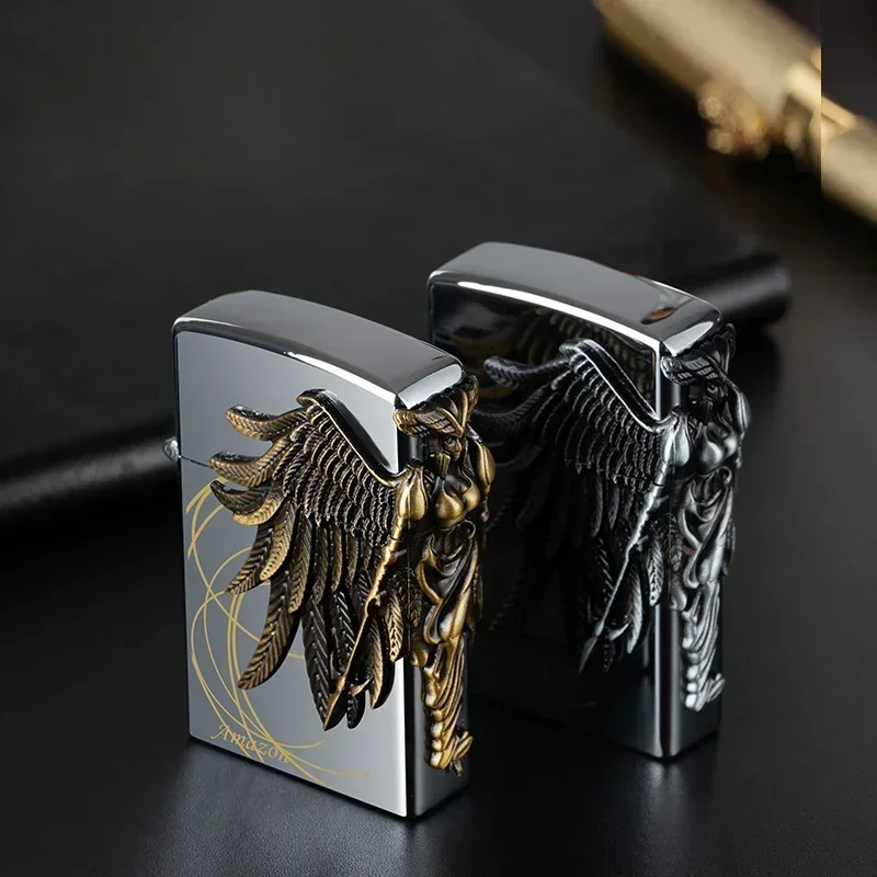 Metal Angel Embossed Torch Lighter Windproof Blue Jet Flame Butane Gas Lighters for Men\'s Gift Cigarette Accessories