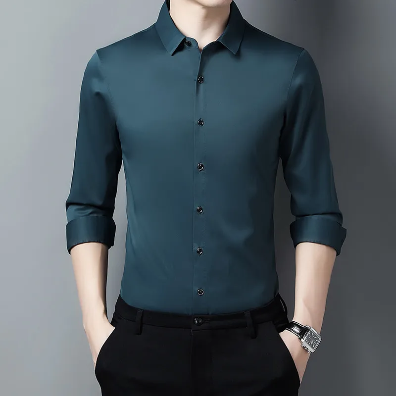 New Mercerized Smooth  Long-sleeved Shirt Men's Simulation Silk Daily Business Casual Loose Solid Color Bottoming Shirt