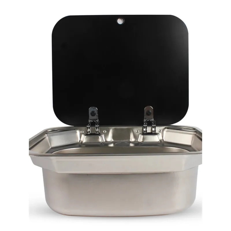 RV square sink 304 stainless steel with lid vegetable washing basin folding hot and cold faucet glass flip cover single slot