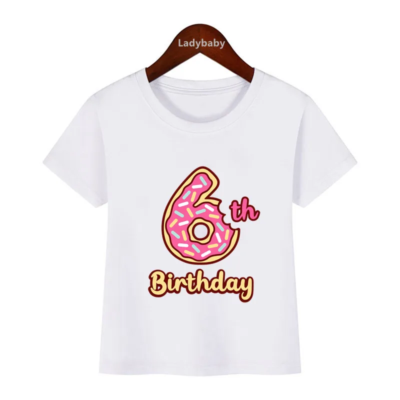 Cute Donuts Happy Birthday Number Bow Kids T shirt 1 2 3 4 5 6 7 8 9 Years Girls Clothes Summer Short Sleeve Baby Boys T-Shirts