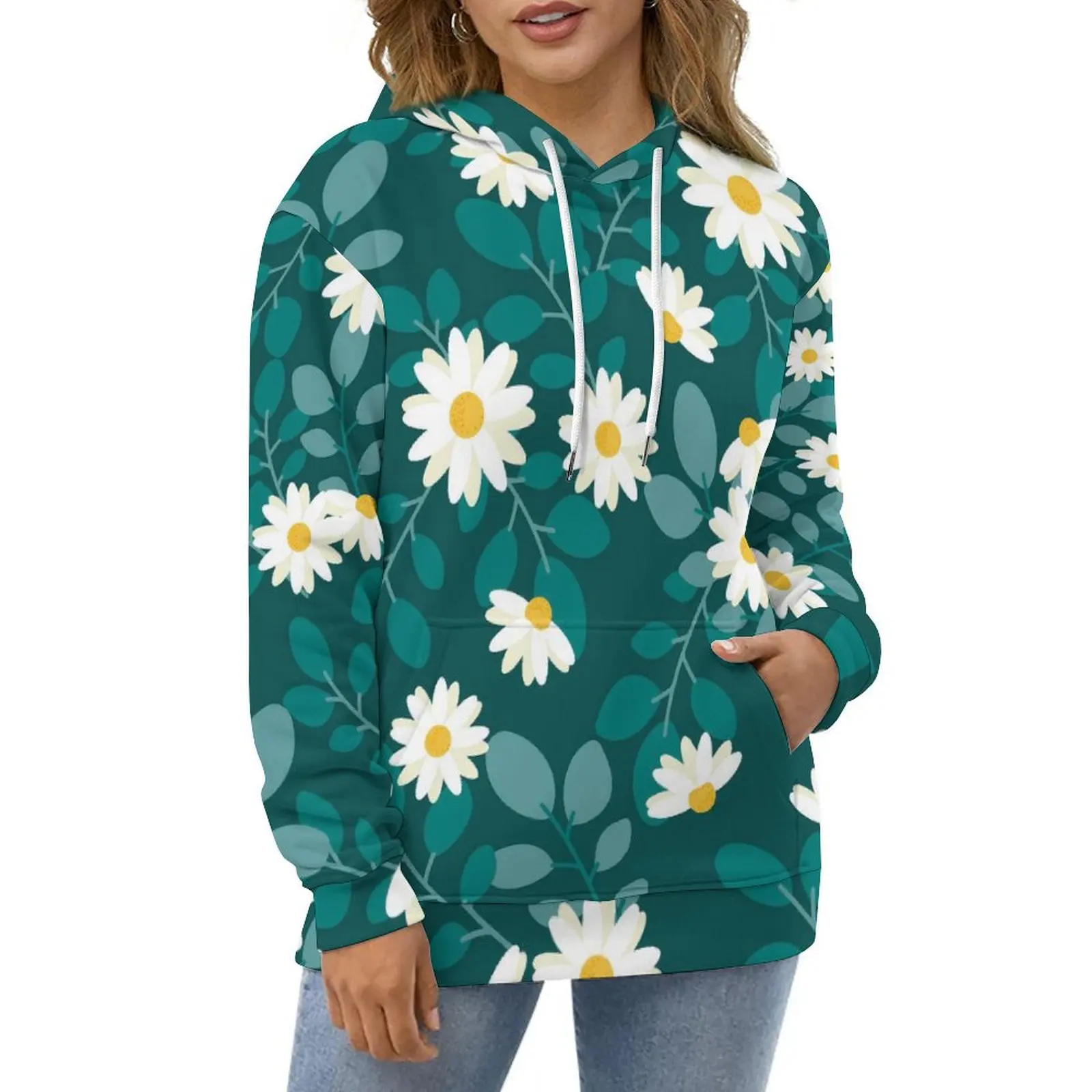 

White Daisies Hoodies Long Sleeve Cute Flowers Print Y2k Casual Hoodie Autumn Hip Hop Oversize Custom Loose Hooded Sweatshirts